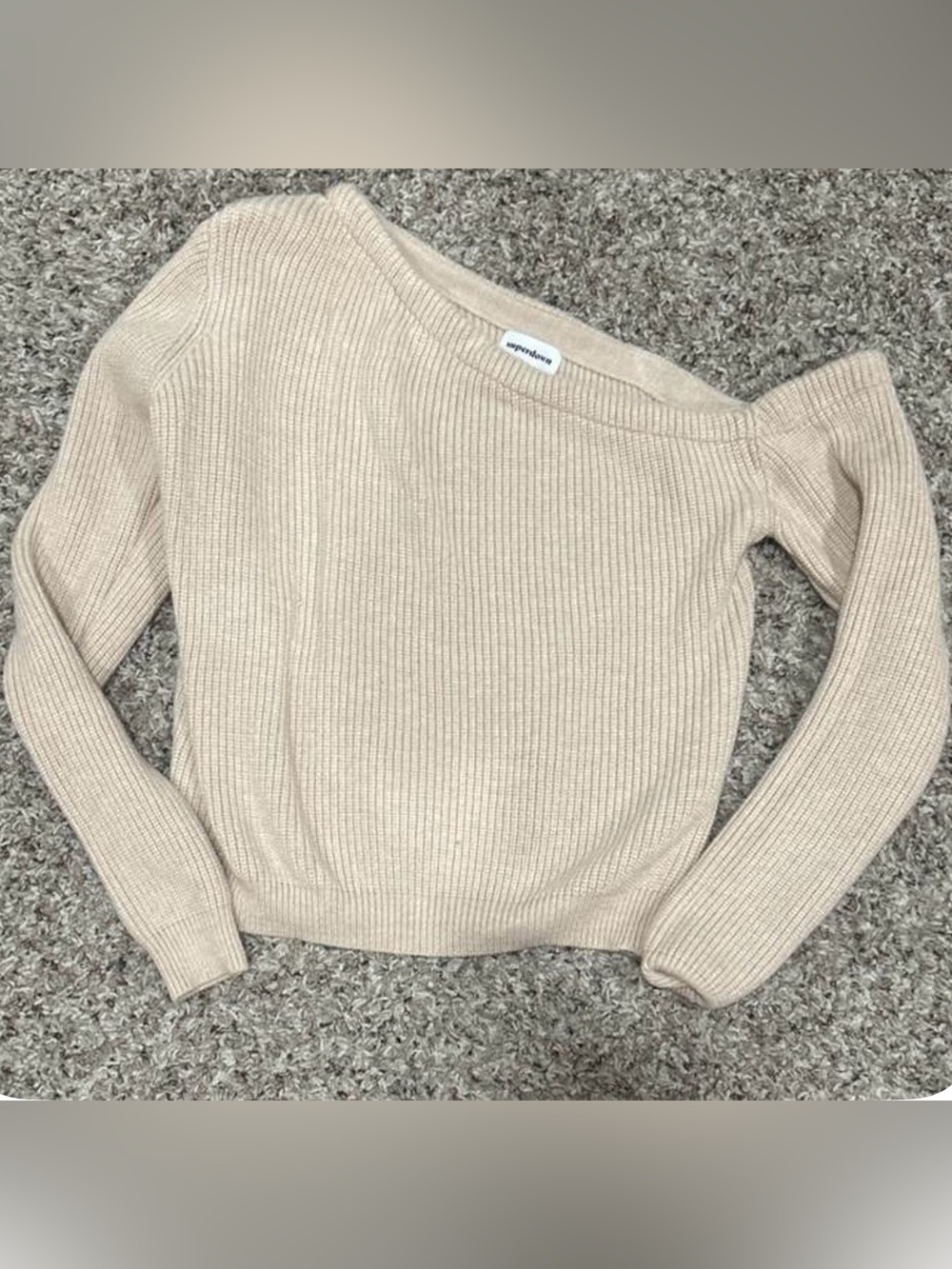 superdown Beige Ribbed Off-Shoulder Sweater